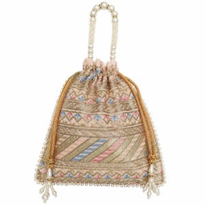 Bolsita Potli de seda bordada, asa de perlas, recuerdo de boda indio