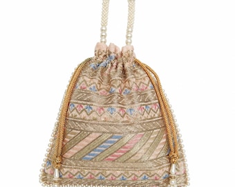 Bolsita Potli de seda bordada, asa de perlas, recuerdo de boda indio