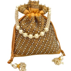 Silk Diamond Potli Bag, Beaded Handle Wrist Purse, Wedding Favor yellow