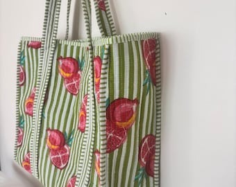 Handmade Pomegranate Print Quilted Cotton Tote Bag, Green Striped Shoulder Bag, Reusable Shopping Tote, Beach Bag, Eco-Friendly Gift for Her