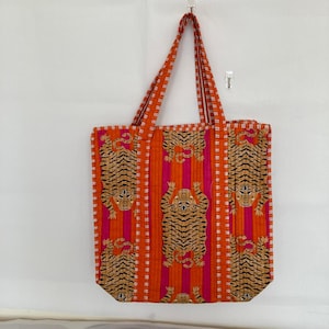 Boho gesteppte Umhängetasche, gesteppte Einkaufstasche, bedruckte Einkaufstasche, bunte Rückgabegeschenktasche, Tigerdruck Große Baumwollreisetasche