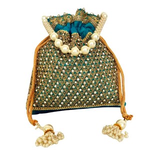 Silk Diamond Potli Bag, Beaded Handle Wrist Purse, Wedding Favor Blue