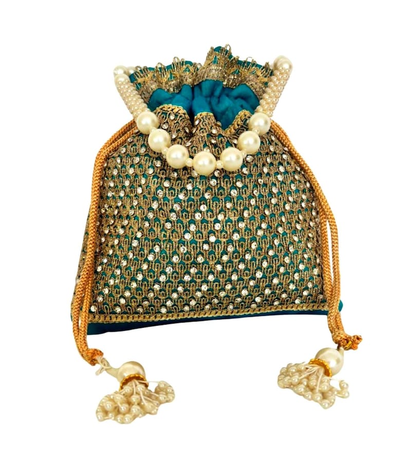 Silk Diamond Potli Bag, Beaded Handle Wrist Purse, Wedding Favor Blue