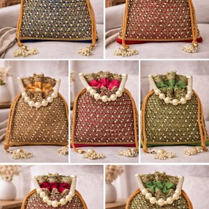 Silk Diamond Potli Bag, Beaded Handle Wrist Purse, Wedding Favor image 3