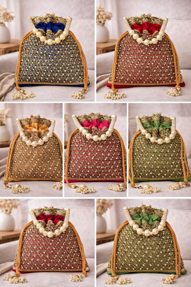 Silk Diamond Potli Bag, Beaded Handle Wrist Purse, Wedding Favor image 3