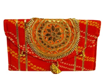 Handmade Embroidered Raw Silk Clutch, Rajasthani Sequin Purse