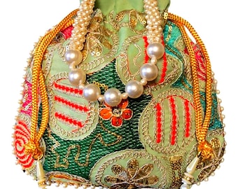 Embroidered Potli Bag with Pearl Handle – Indian Wedding Clutch