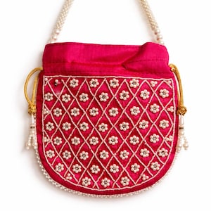 Embroidered Potli Bag with Pearl Handle, Bridal Drawstring Purse, Festive Ethnic Clutch