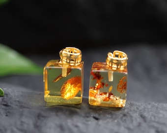 Cubic Baltic Flower Amber Pendant & Earrings, Pristine Geometric Floral Fossil Jewelry, Special Earthy Energy Stone Gift For her