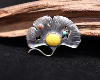 Vintage Amber Brooch, Pure Silver Combined With Old Amber, Energy Stone& Silver Art Spiritual gift for lover