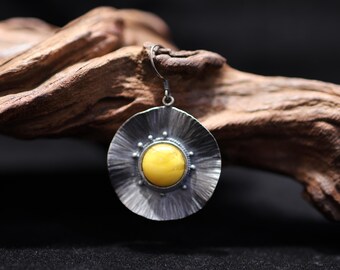 Vintage Silver& Amber Flower Earrings, Handmade Silver Mixed With Original Energy Stone Amber, Special Amber Earrings Jewelry