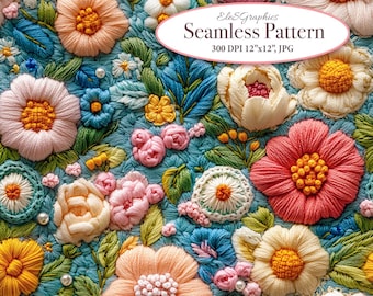 Pode incluir: Um padrão sem costura que apresenta uma variedade de flores bordadas em tons de rosa, pêssego, amarelo e vermelho sobre um fundo azul. As flores são dispostas em um padrão aleatório e incluem rosas, margaridas e outros desenhos florais. O texto "Ele&Graphics Seamless Pattern 300 DPI 12"x12", JPG" é exibido no centro da imagem.