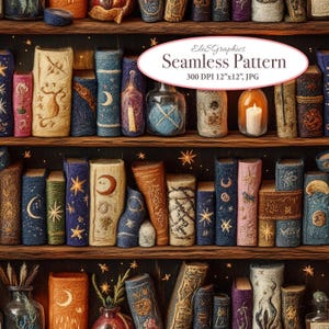 Puede incluir: Un patrón sin costuras que presenta una estantería llena de libros antiguos con intrincados diseños de bordado. Los libros están dispuestos en estantes de madera con un fondo oscuro. Los libros tienen varios colores y diseños, incluyendo azul, marrón, beige y dorado. El patrón es perfecto para crear un ambiente mágico y caprichoso.