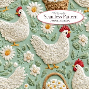 Embroidered Chicken Daisy Seamless Fabric Design.  Cottagecore Farmhouse  3D Digital Pattern Fabric. Commercial Use. 1 JPG