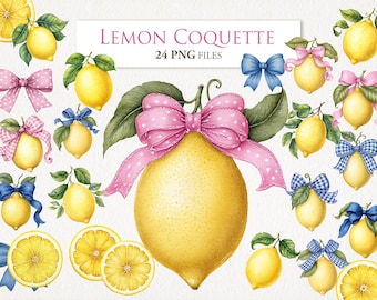Lemon Coquette Bow Summer Clipart Bundle. Sublimation Design . Watercolor Illustration. Junk Journal Shirt. Digital Download. 24 PNG