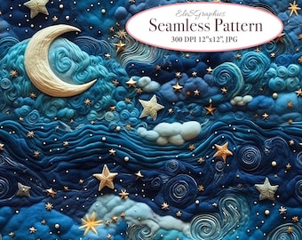 Felted Night Sky Moon Stars Clouds Seamless Pattern. 3D Felted Faux Embroidery. Digital Paper Fabric. Commercial Use. 1 JPG