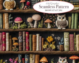 Felted Magic Library Books Seamless Pattern. Digital Download. Faux Embroidery 3D. Commercial Use. Journal Sublimation Fabric Design. 1 JPG