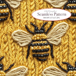 Peut inclure: Un motif sans couture représentant des abeilles brodées sur un fond en tricot jaune. Les abeilles sont faites de perles noires et dorées et ont des ailes beiges.