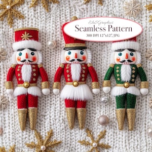 May include: Three knitted nutcracker ornaments with gold glitter accents. The nutcrackers are wearing red, green, and white knit outfits. The ornaments are on a white knitted background.  Eles&Graphics Seamless Pattern 300 DPI 12"x12" JPG