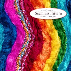 May include: A vibrant, seamless pattern featuring a spectrum of colors, including blue, pink, red, orange, yellow, and green. The design incorporates a textured, fur-like appearance with a central strip of sparkling glitter. The text "Seamless Pattern" is displayed.