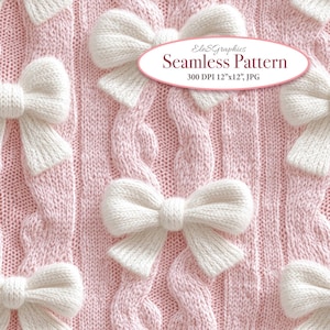 White Cozy Coquette Bows on Pink Knitted Faux Embroidery Seamless 3D Digital Pattern. Commercial Use. 1 JPG