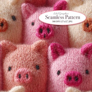 May include: A seamless pattern featuring a repeating design of knitted pig faces in shades of pink, peach, and cream. The pigs have dark eyes and pink snouts and ears. The image includes the text "EleGraphics Seamless Pattern 300 DPI 12"x12", JPG".
