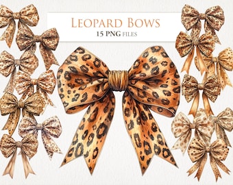 Leopard Bows Coquette Clipart Bundle. Watercolor Illustration. Junk Journal Scrapbook Shirt Design. Digital Download. 15 PNG