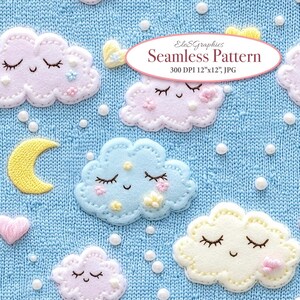 May include: A seamless pattern featuring a blue knitted background with white pearl-like beads and various pastel-colored clouds with smiling faces and closed eyes. The clouds have embroidered details, including flowers and stars. The text "ElesGraphics Seamless Pattern 300 DPI 12"x12", JPG" is also included in the image.