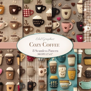以下が含まれることがあります： 様々なコーヒーカップとマグカップをあしらったシームレスパターン。温かみのある手作り風のデザインで、ハートや葉のモチーフが特徴です。「COZY COFFEE」と「8 Seamless Pattern 300 DPI 30.48cm x 30.48cm」の文字が表示されています。
