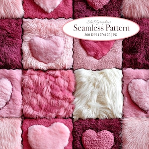 May include: A seamless pattern featuring a patchwork of pink, white, and burgundy faux fur squares with hearts in various shades of pink. The pattern is 300 DPI and 12 inches by 12 inches.