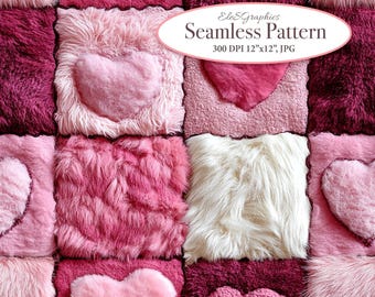 Valentine Love Hearts on Pink Fur Patchwork. Faux Embroidery Seamless 3D Digital Pattern. Commercial Use. 1 JPG
