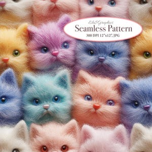 Op de afbeelding: Een naadloos patroon met een close-up van pluche pastelkleurige kittens met verschillende gekleurde ogen. De kittens zijn in een cirkelvormige opstelling geplaatst, wat een grillig en schattig ontwerp creëert.