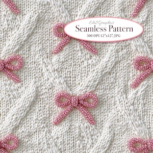 Pink Beaded Girly Coquette Bows on White Knitted Background. Seamless 3D Digital Pattern. Commercial Use. 1 JPG
