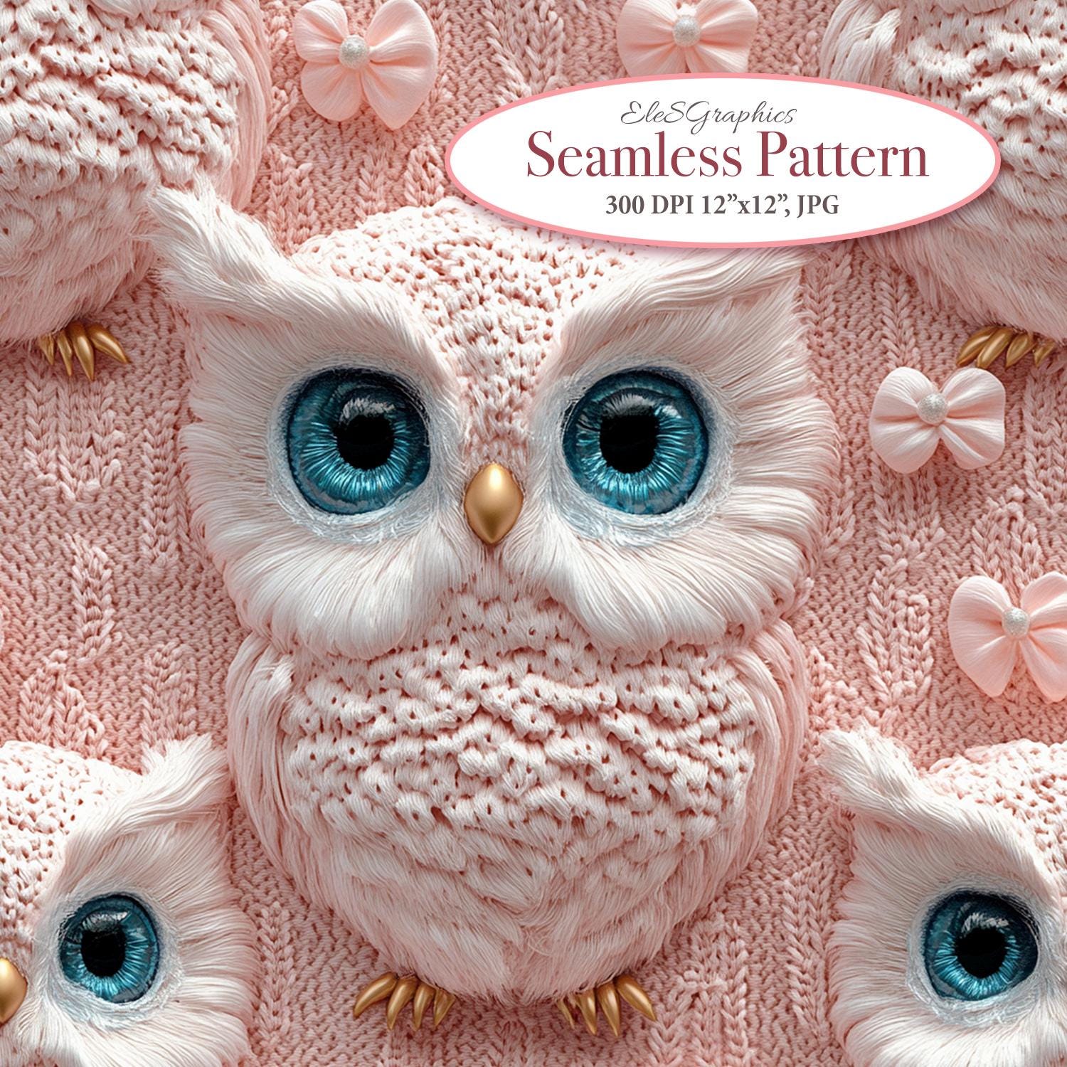 Pink Cute Owl Coquette Bow Knitted Faux Embroidery Seamless 3D Digital Pattern. Commercial Use. 1 JP