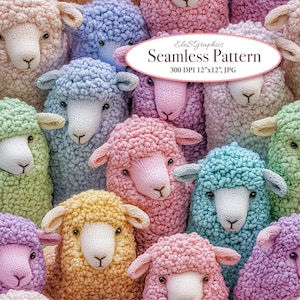 Niedliches flauschiges Schaf in Pastellfarben. Kindergarten gestrickte gefilzte Faux Stickerei nahtlose 3D digitale Muster Stoff. Kommerzielle Nutzung. 1 JPG