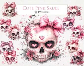 Pink Cute Skull with Bow Coquette Clipart Bundle. Watercolor Illustration. Junk Journal Scrapbook Shirt Design. Digital Download. 11 PNG