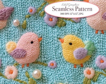 Spring Easter Chick Seamless Pattern. Repeating File. Digital Download. Knitted Felted Faux Embroidery 3D. Commercial Use. For Fabric. 1 JPG