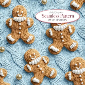 May include: A seamless pattern featuring gingerbread men on a blue knitted background. The gingerbread men are decorated with white icing and have smiling faces. The pattern is perfect for holiday crafts and projects.