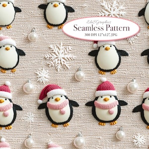 Può includere: Uno schema senza cuciture con pinguini bianchi che indossano cappelli rossi di Babbo Natale e sciarpe rosa, fiocchi di neve bianchi e ornamenti perlati bianchi su uno sfondo a maglia beige. Il testo "ElesGraphics Seamless Pattern 300 DPI 12"x12", JPG" è in un ovale rosa.