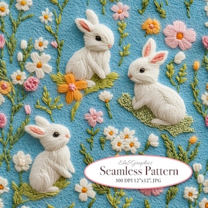 May include: A seamless pattern featuring white embroidered bunnies and colorful flowers on a light blue background. The pattern is 12 inches by 12 inches and 300 DPI.