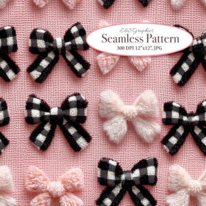 Checkered Cozy Coquette Bows on Pink. Faux Embroidery Seamless Pattern. 3D Digital Download. Commercial Use. 1 JPG
