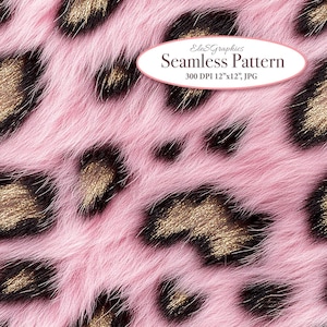 May include: Pink faux fur fabric with a gold and black leopard print pattern. Seamless pattern, 300 DPI, 12"x12", JPG.