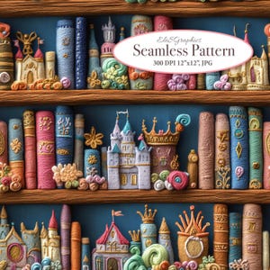 May include: A seamless pattern featuring a bookshelf filled with colorful yarn-wrapped books and whimsical castles. The pattern is perfect for crafting projects, scrapbooking, and digital design.