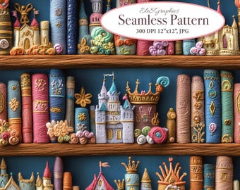 Magic Princess Library Books Seamless Pattern. Digital Download. Faux Embroidery 3D. Commercial Use Journal Sublimation Fabric Design. 1 JPG