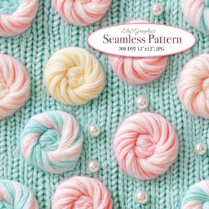 May include: A seamless pattern design featuring pastel-colored yarn balls in shades of pink, yellow, and teal, arranged on a light blue knitted background. The image includes the text "Seamless Pattern". Scattered pearls add a touch of elegance.