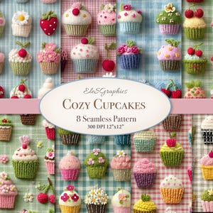 May include: A collection of colorful, handcrafted cupcake designs with various toppings, including cherries, flowers, and strawberries. The image features the text "Cozy Cupcakes" and "8 Seamless Pattern 12"x12". The cupcakes are arranged on a checkered background.
