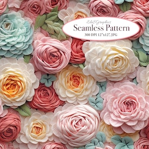 May include: A seamless pattern featuring a variety of pastel-colored flowers, including pink, peach, yellow, and blue. The flowers are arranged in a close-up, overlapping pattern, creating a textured and layered effect. The flowers are stylized to resemble paper flowers, with a delicate and intricate design. The pattern is perfect for use in a variety of creative projects, such as scrapbooking, card making, and fabric design.