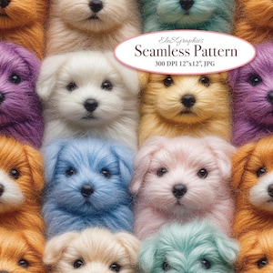 May include: A seamless pattern featuring a variety of fluffy, colorful dogs. The dogs are arranged in a circular pattern, with their faces facing the viewer. The pattern is perfect for use in a variety of creative projects, such as fabric, wallpaper, and scrapbooking.