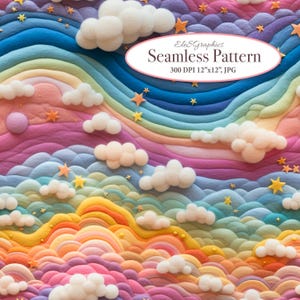 Könnte beinhalten: Ein nahtloses Muster mit einem bunten Regenbogen mit flauschigen weißen Wolken und gelben Sternen. Das Muster ist perfekt für Bastelprojekte, Scrapbooking und digitales Design.