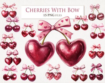 Cherry Coquette Clipart Bundle. Sublimation. Watercolor Illustration. Junk Journal Shirt Design. Digital Download. 15 PNG